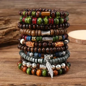 Lot de 10 bracelets perles bois homme